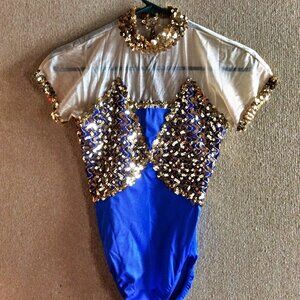 Adult Small Blue Gold Sequin Dance Leotard Sheer Short Sleeve Costume